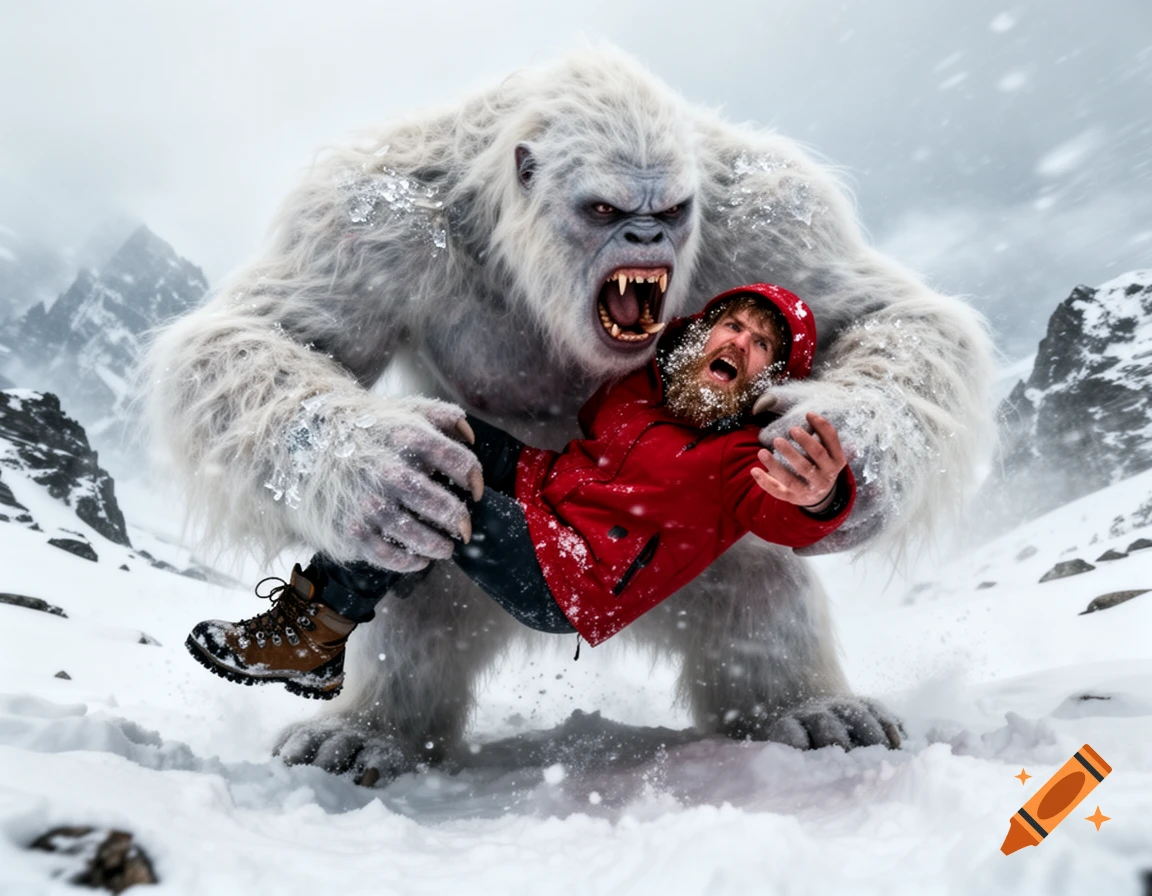 A large white yeti with fangs roaring and gripping a man in a red jacket in a snowy mountain setting.
