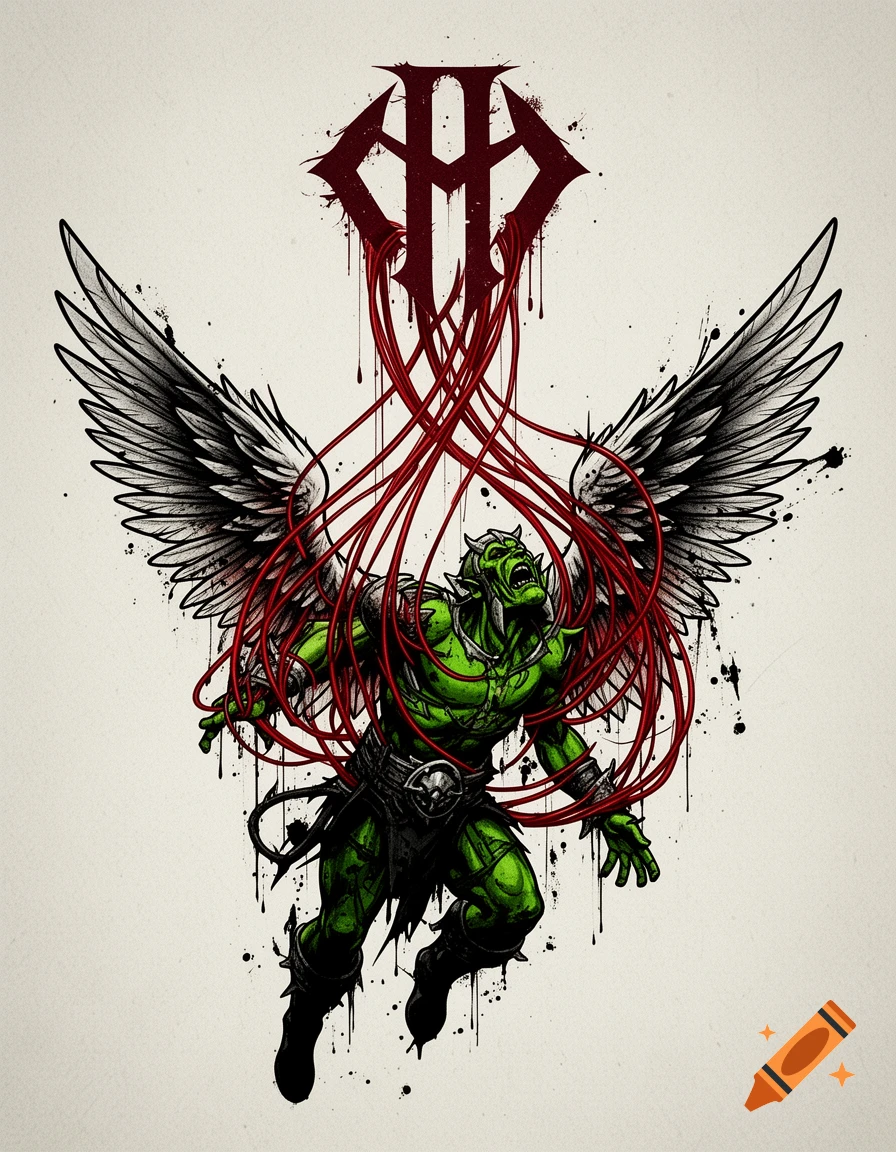 A green Thrall-like character with white wings falls, entangled in red wires connected to a stylized red Horde symbol at the top, in a trash punk tattoo art style.
