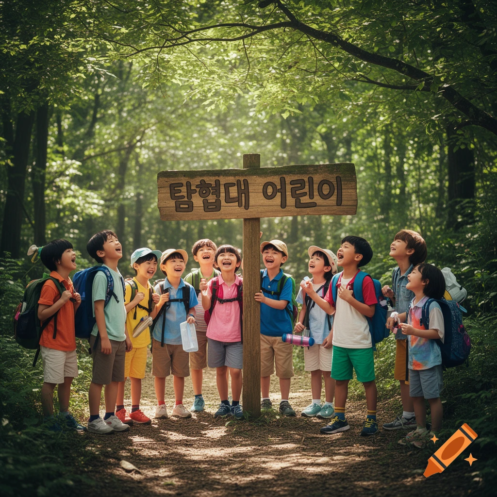 A group of diverse children with backpacks laugh and look up at a wooden signpost reading '탐험대 어린이' in a sunny forest.