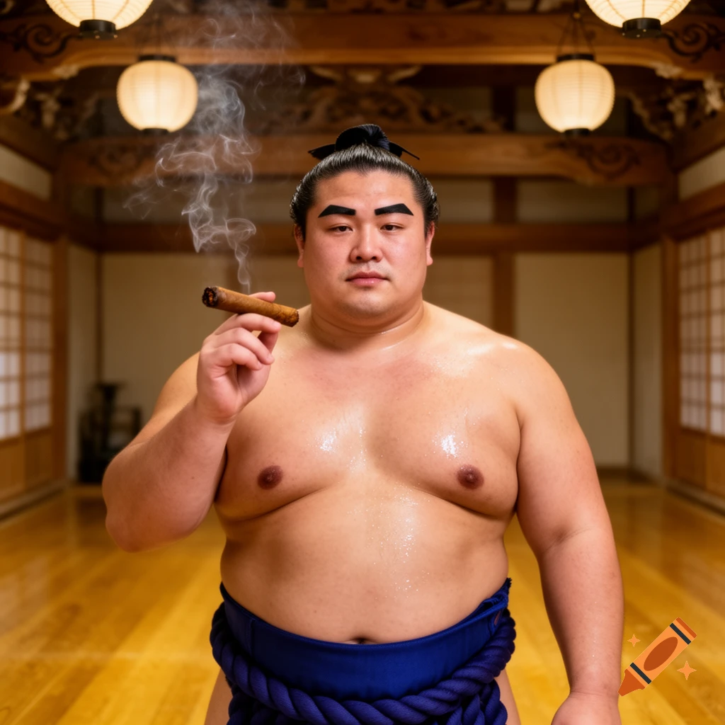 A sumo wrestler with a topknot haircut, wearing a blue mawashi, holds and smokes a cigar in a traditional Japanese room.