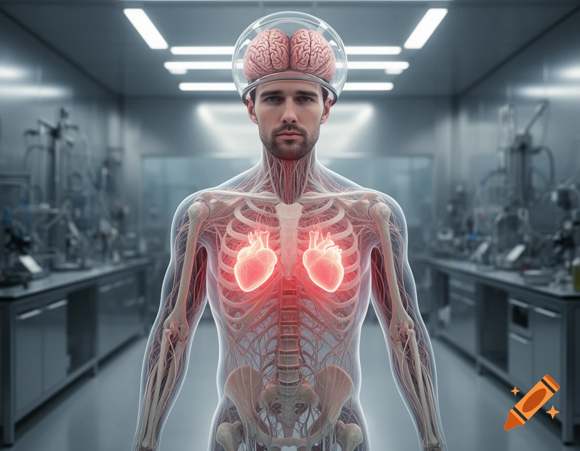 A man with a transparent body showing his internal organs, including two glowing red hearts and a brain in a clear dome on his head, stands in a futuristic laboratory.
