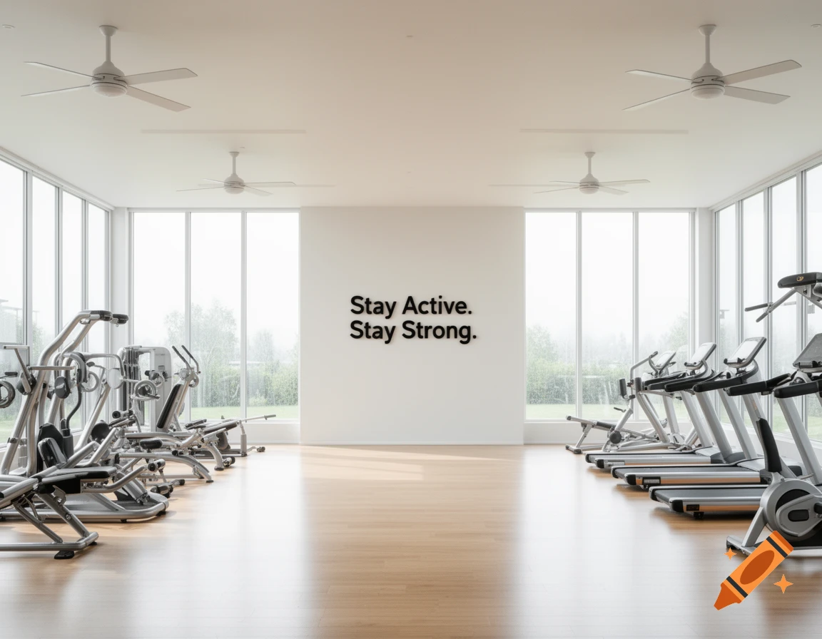 An empty, modern gym with exercise equipment, large windows, and motivational text 'Stay Active. Stay Strong.' on a white wall.