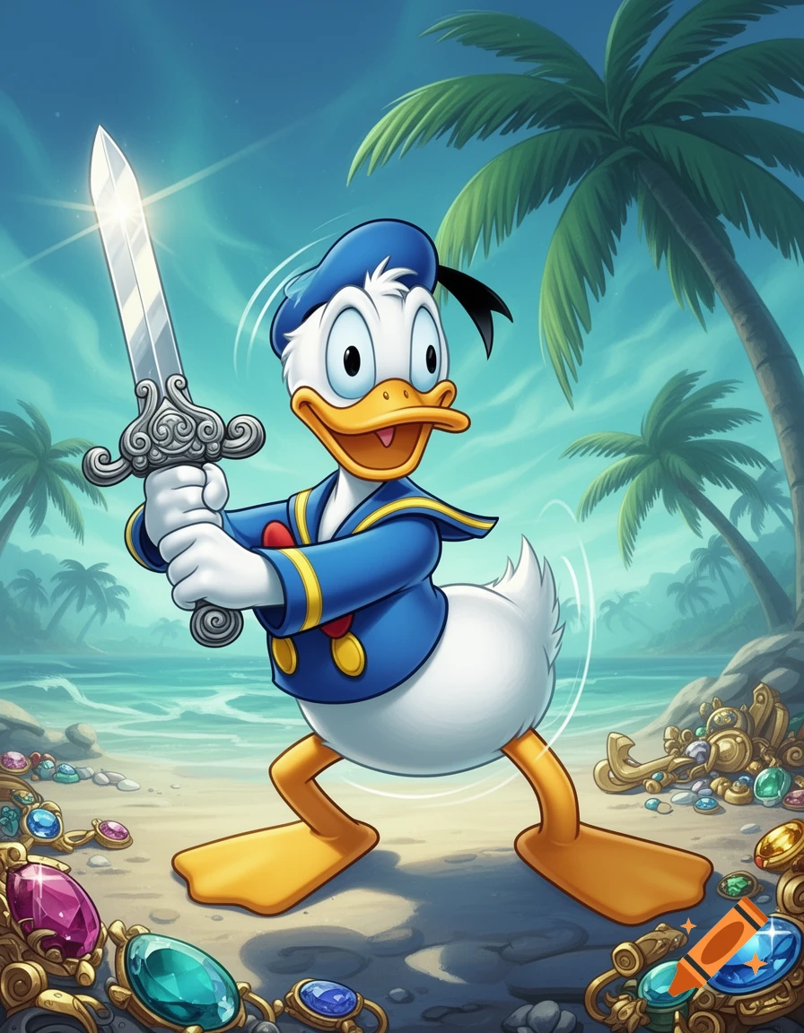 Donald Duck dressed as a pirate, holding a sword on a tropical beach with treasure around him, in a cartoon illustration style.