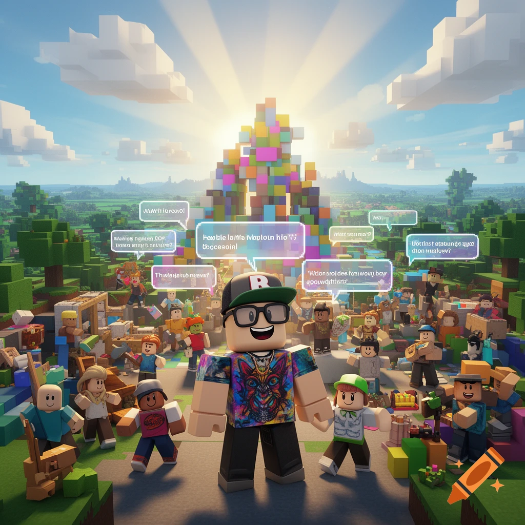 A large group of blocky Roblox-style characters gathered in a blocky outdoor landscape, with a colorful block structure and speech bubbles.