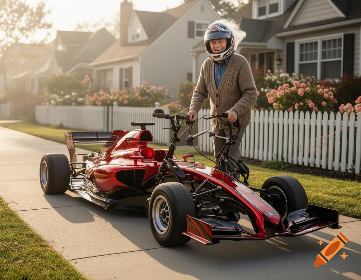 An elderly man in a helmet pushes a red Formula 1 racing car, which is actually a modified rollator, on a suburban sidewalk.
