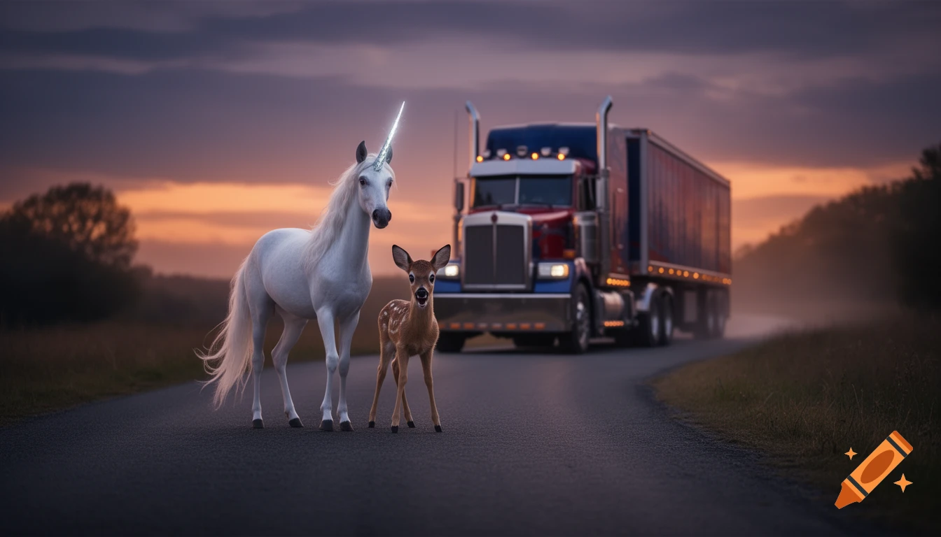 A white unicorn and a startled fawn stand on a dark country road at dusk as a semi-truck approaches in the background.