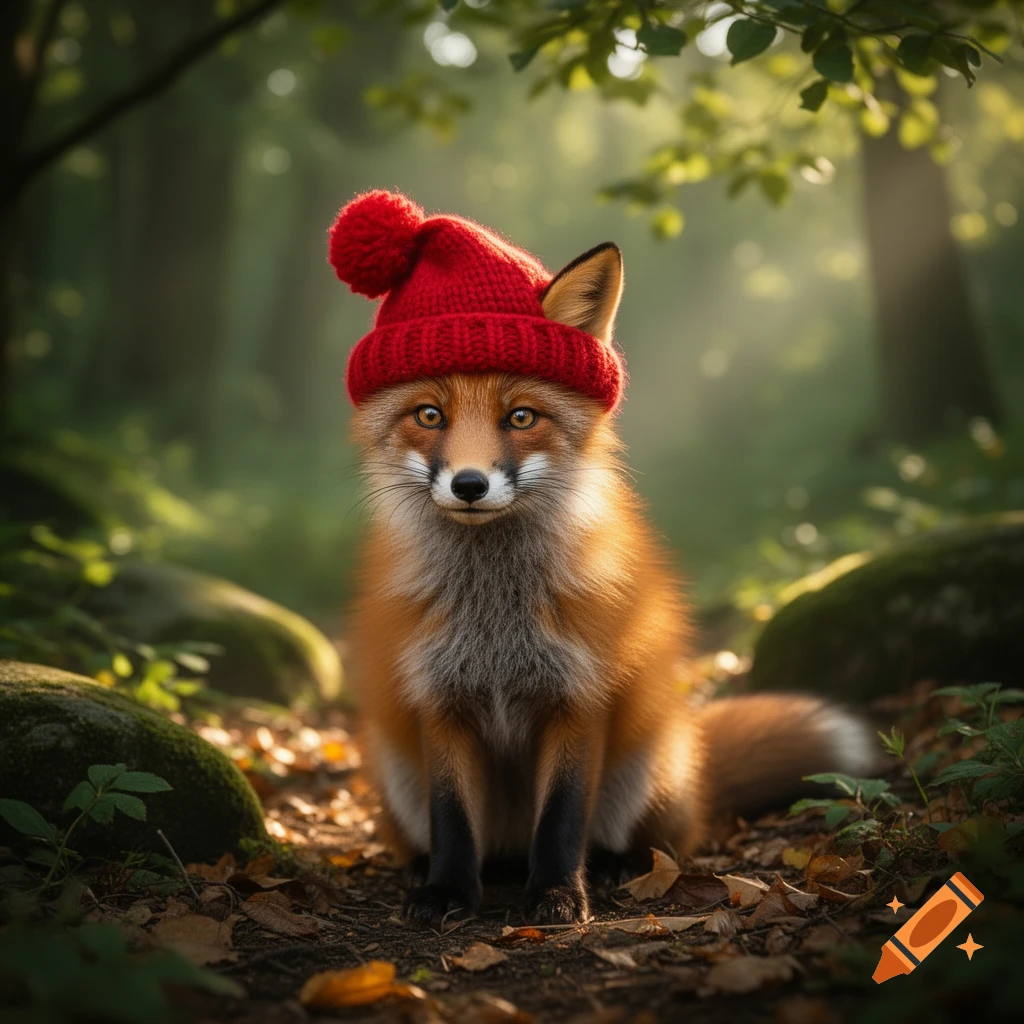 A photorealistic image of a cute fox wearing a red knit hat with a pompom, sitting in a sunlit forest.