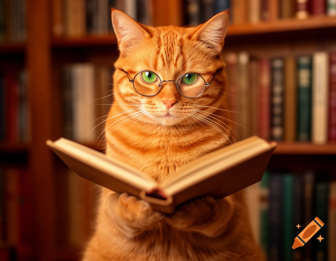A photorealistic ginger tabby cat wearing round glasses, holding an open book in a library.