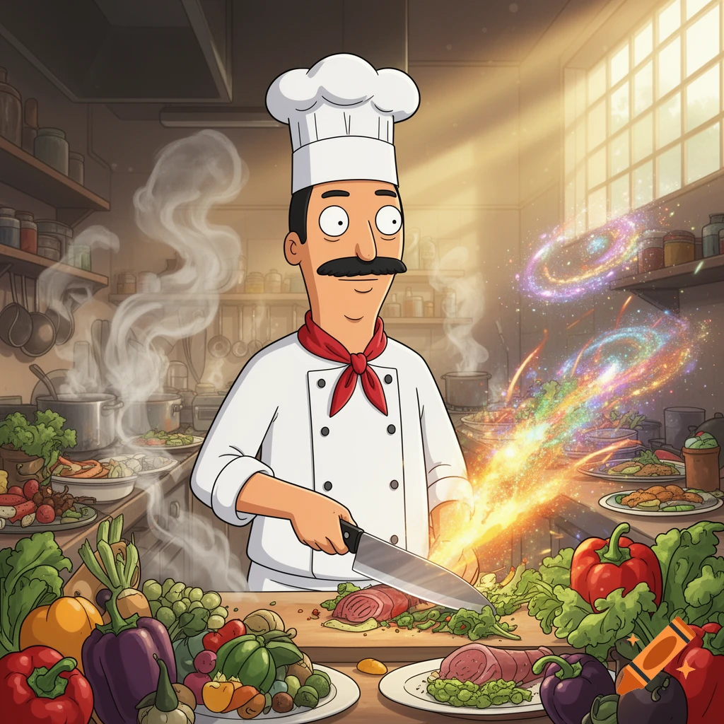 Bob Belcher from Bob's Burgers cooking in a detailed anime style kitchen with magical effects.