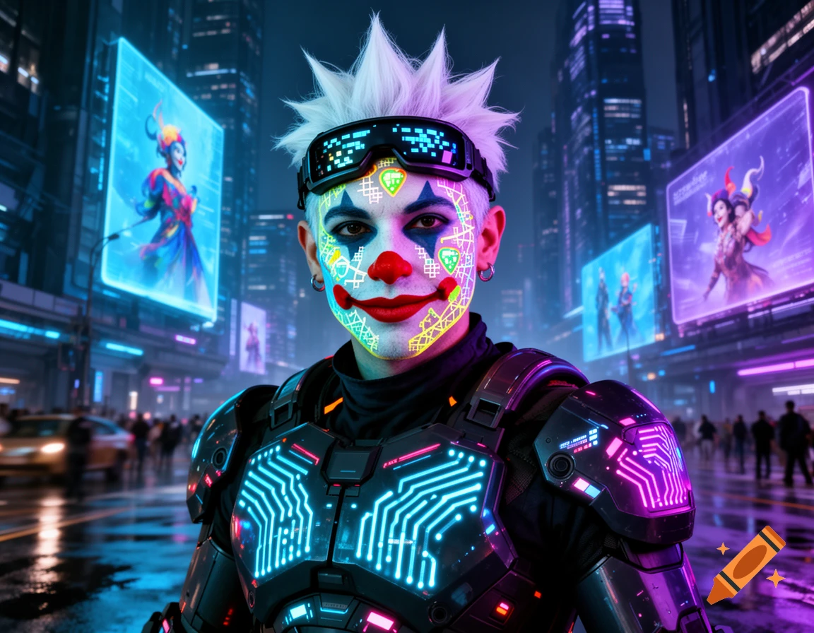 A cyberpunk clown with white spiked hair and glowing circuit makeup wears futuristic armor in a neon city street with glowing billboards.