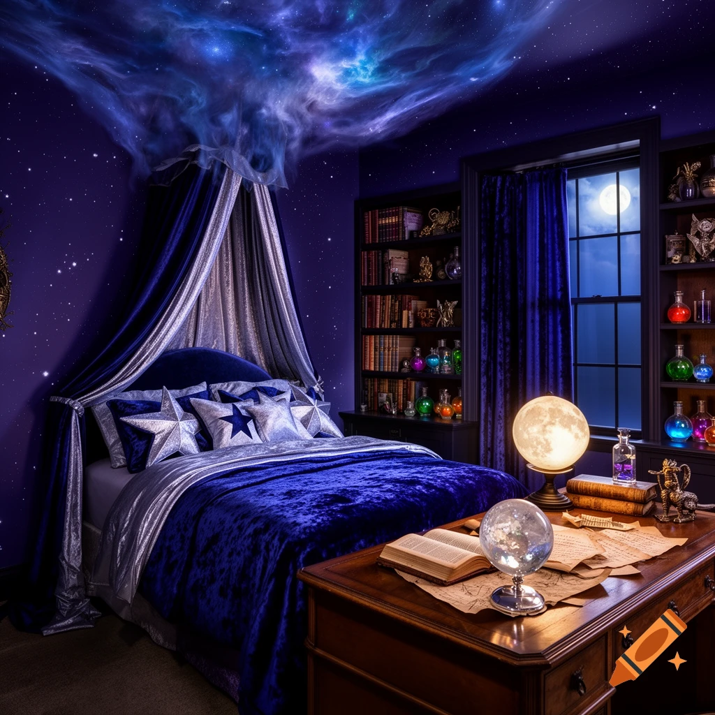 A luxurious, wizard-themed bedroom with a velvet canopy bed, star-painted walls, a nebula ceiling, and a desk with a moon lamp and magic potions.