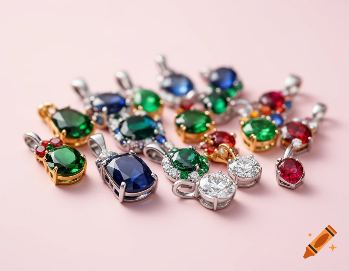 Photorealistic image of many colorful gemstone and diamond pendants in silver and gold settings on a light pink background.