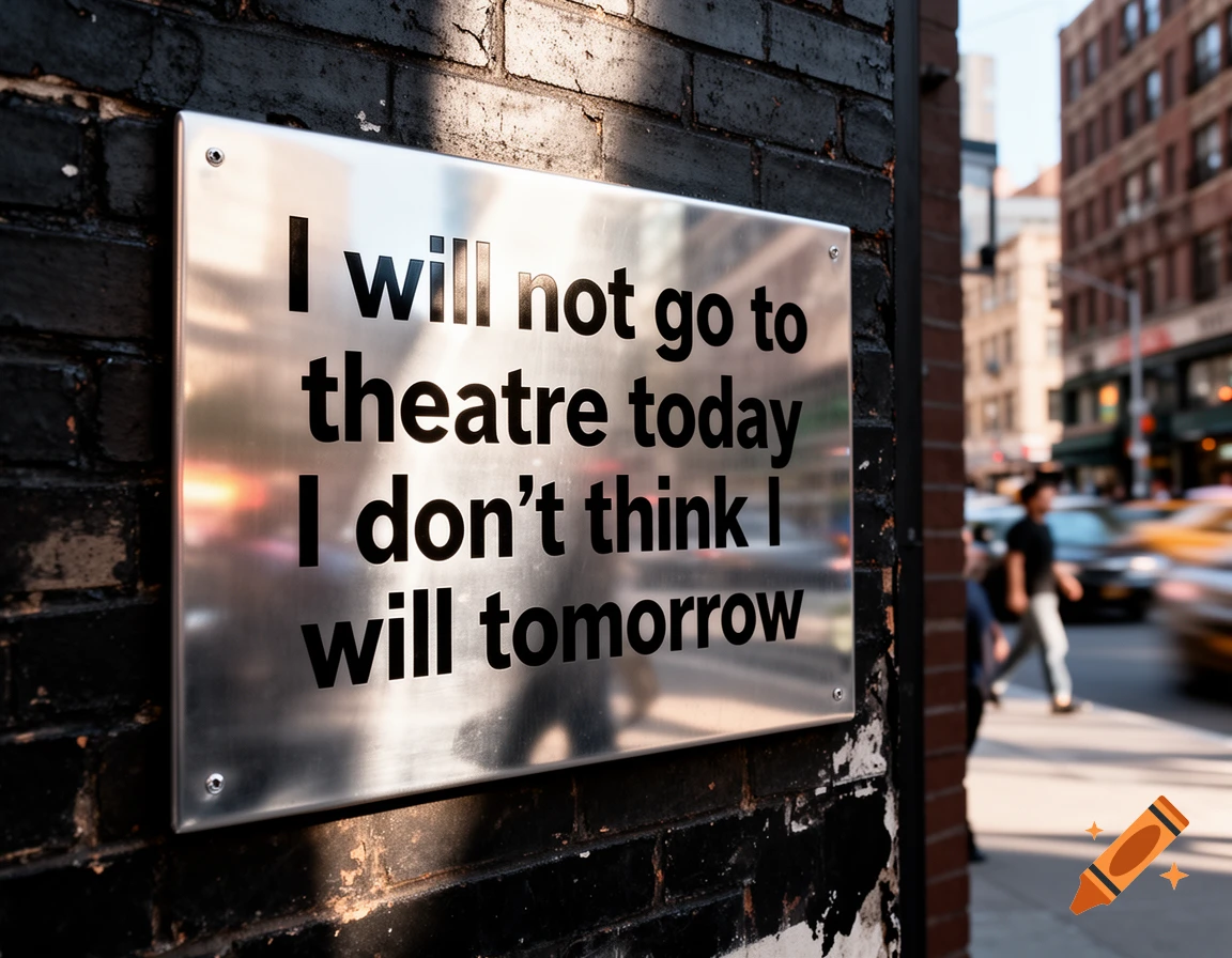 A metallic sign with the text 'I will not go to theatre today I don't think I will tomorrow' on a brick wall in a busy city street.