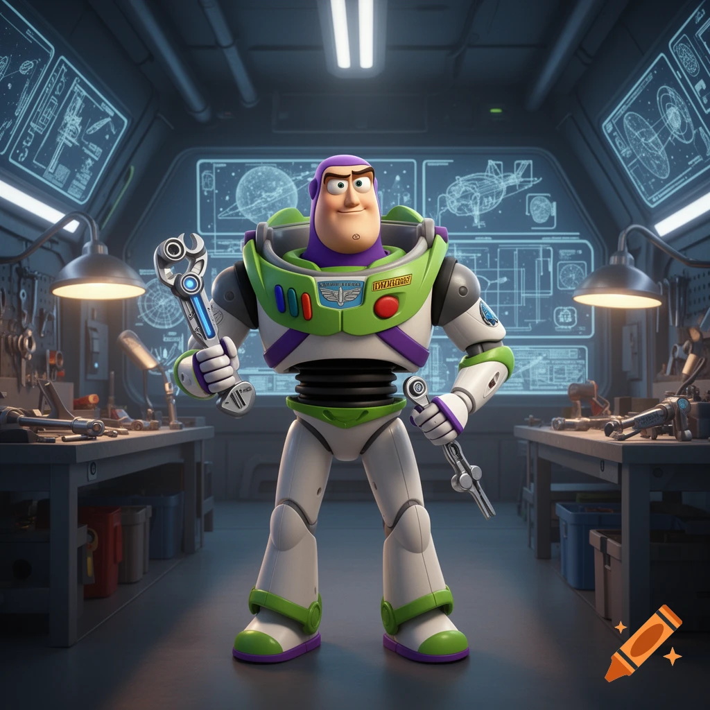 Buzz Lightyear holds tools in a sci-fi workshop with screens displaying blueprints.