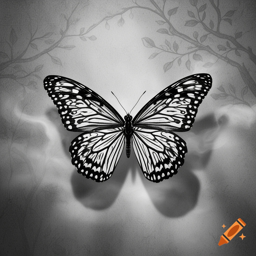 A black and white illustration of a detailed butterfly with large patterned wings, set against a dark background with shadowy vines and wisps.