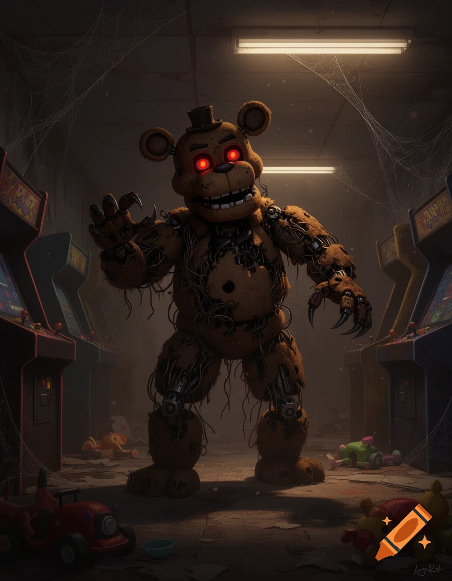 Nightmare Freddy Fazbear, a dilapidated animatronic bear with glowing red eyes and sharp claws, stands menacingly in a dark, cobweb-filled arcade room with old machines and scattered toys. Photorealistic style.