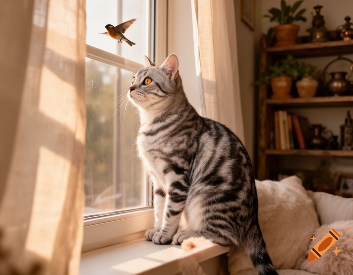 A photorealistic image of a striped cat sitting on a windowsill, looking up intently at a small bird flying outside.