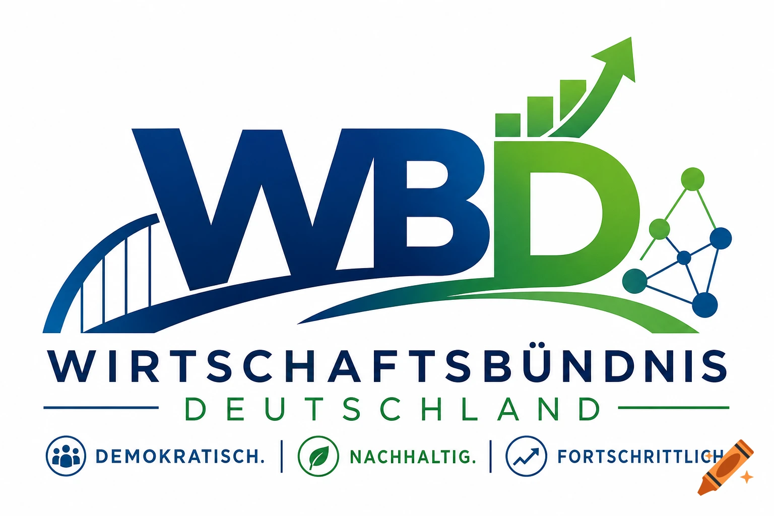 A blue and green logo for 'WBD Wirtschaftsbündnis Deutschland' with a bridge, growth chart, and network symbol.