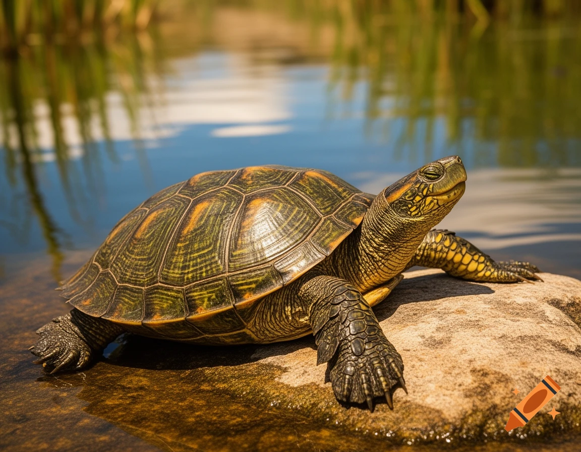 A photorealistic turtle with a patterned shell basks on a sunlit rock at the edge of a pond.