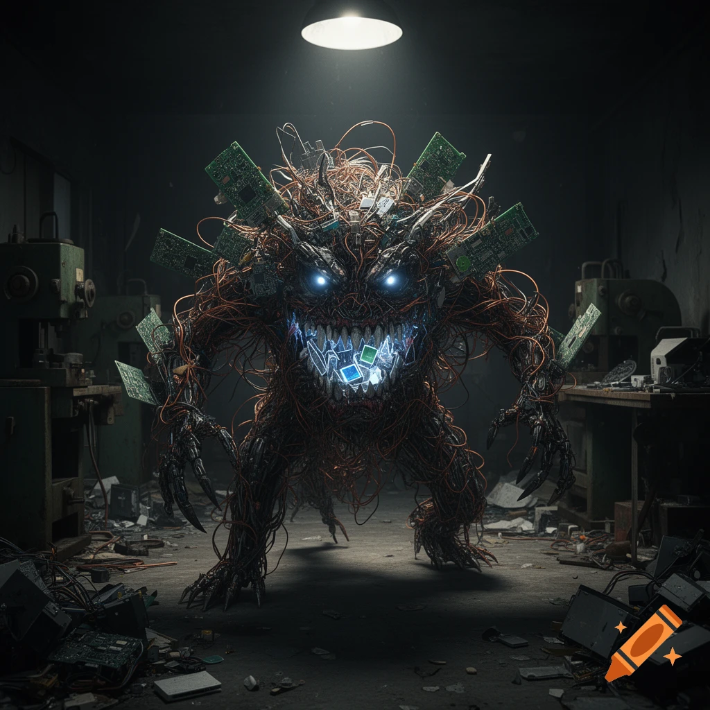 A menacing monster made of tangled wires and circuit boards with glowing blue eyes and sharp teeth stands in a dark e-waste filled room.