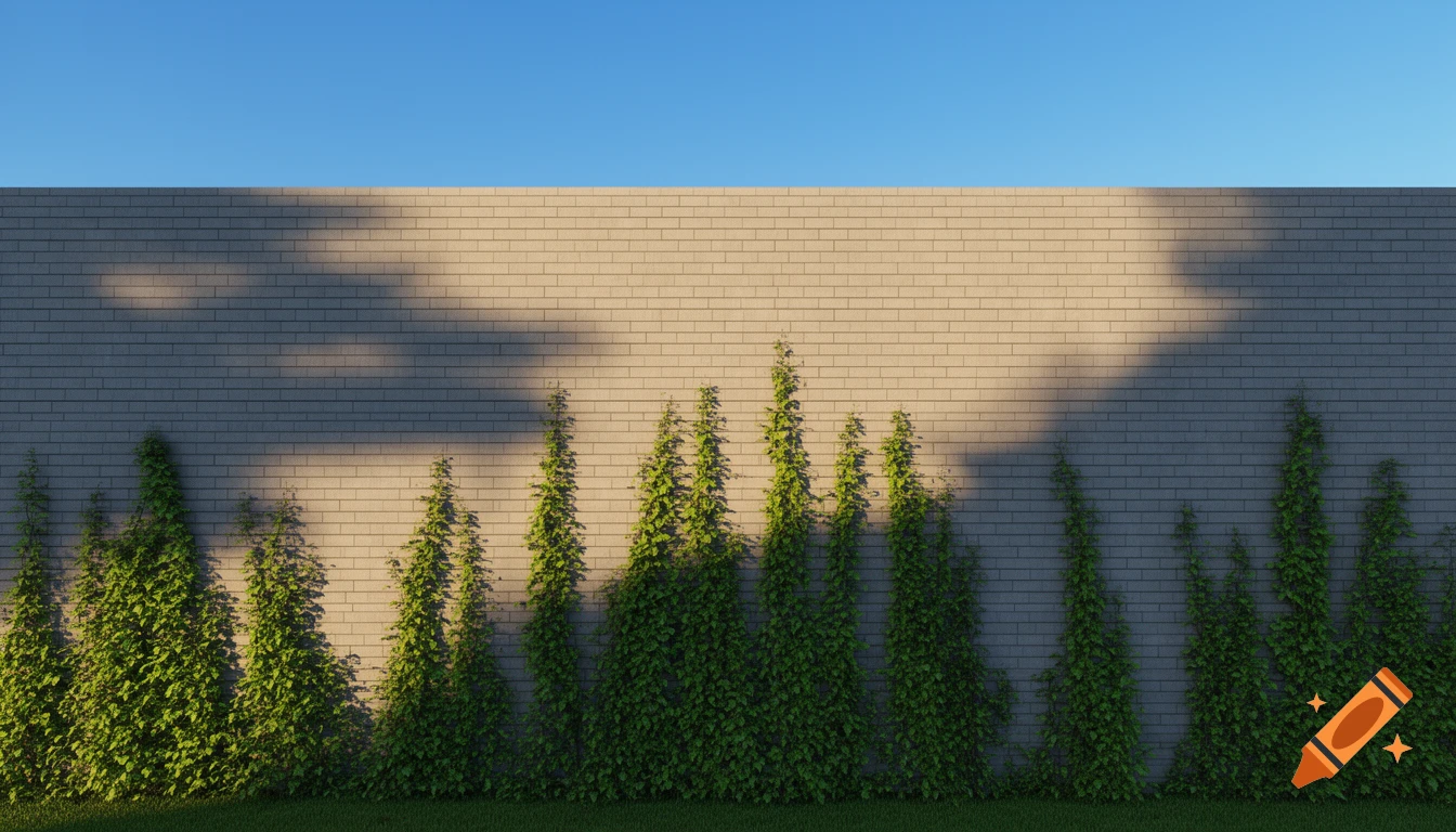 A cream-colored brick wall covered in climbing green ivy, with green grass at its base, under a clear blue sky with cloud shadows.