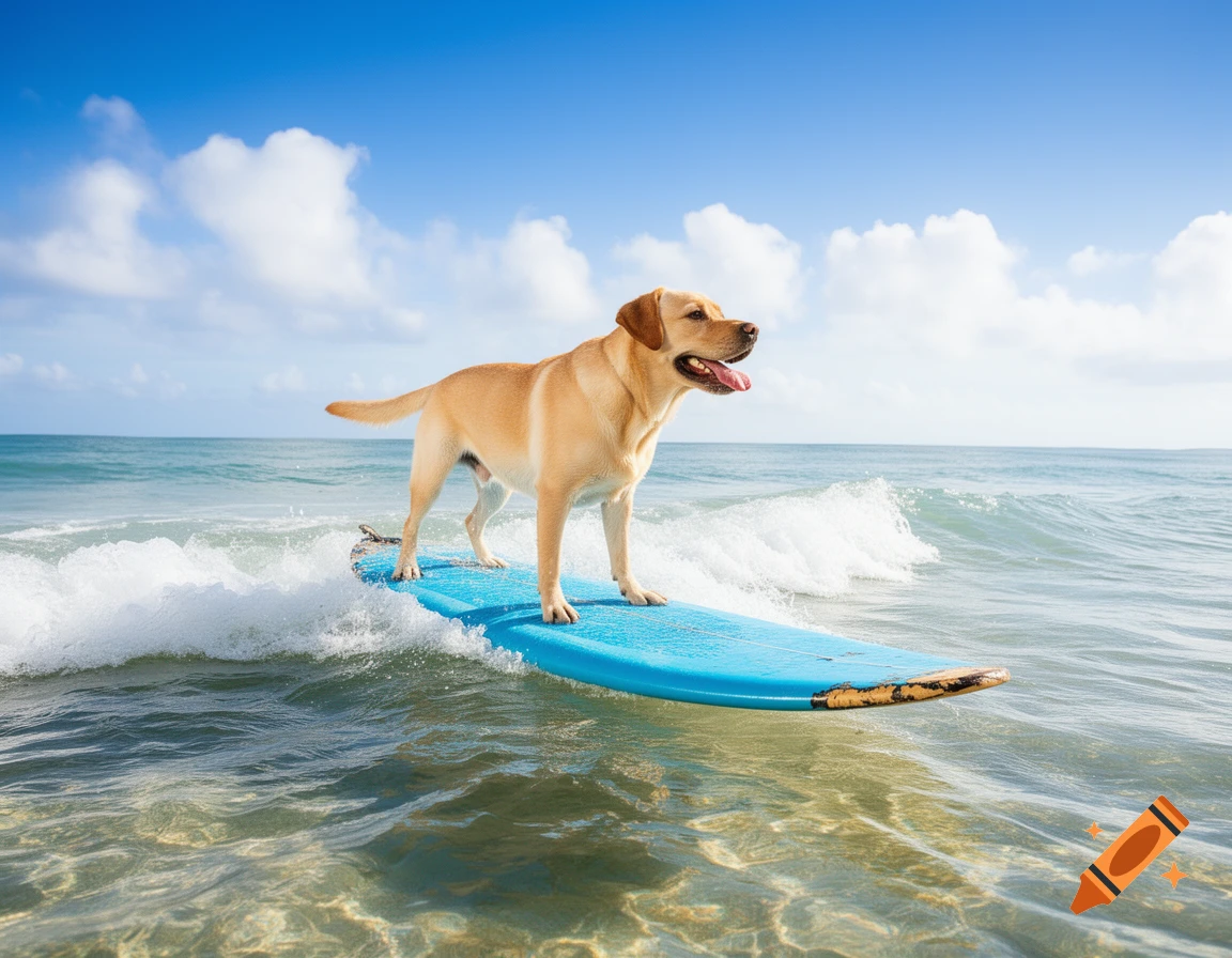 A yellow Labrador dog stands on a blue surfboard, riding a small wave in the clear ocean under a blue sky.