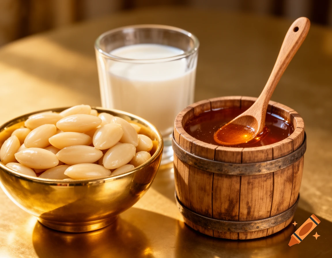 A gold bowl of peeled almonds, a glass of milk, and a wooden barrel of honey with a spoon, all under warm golden light.