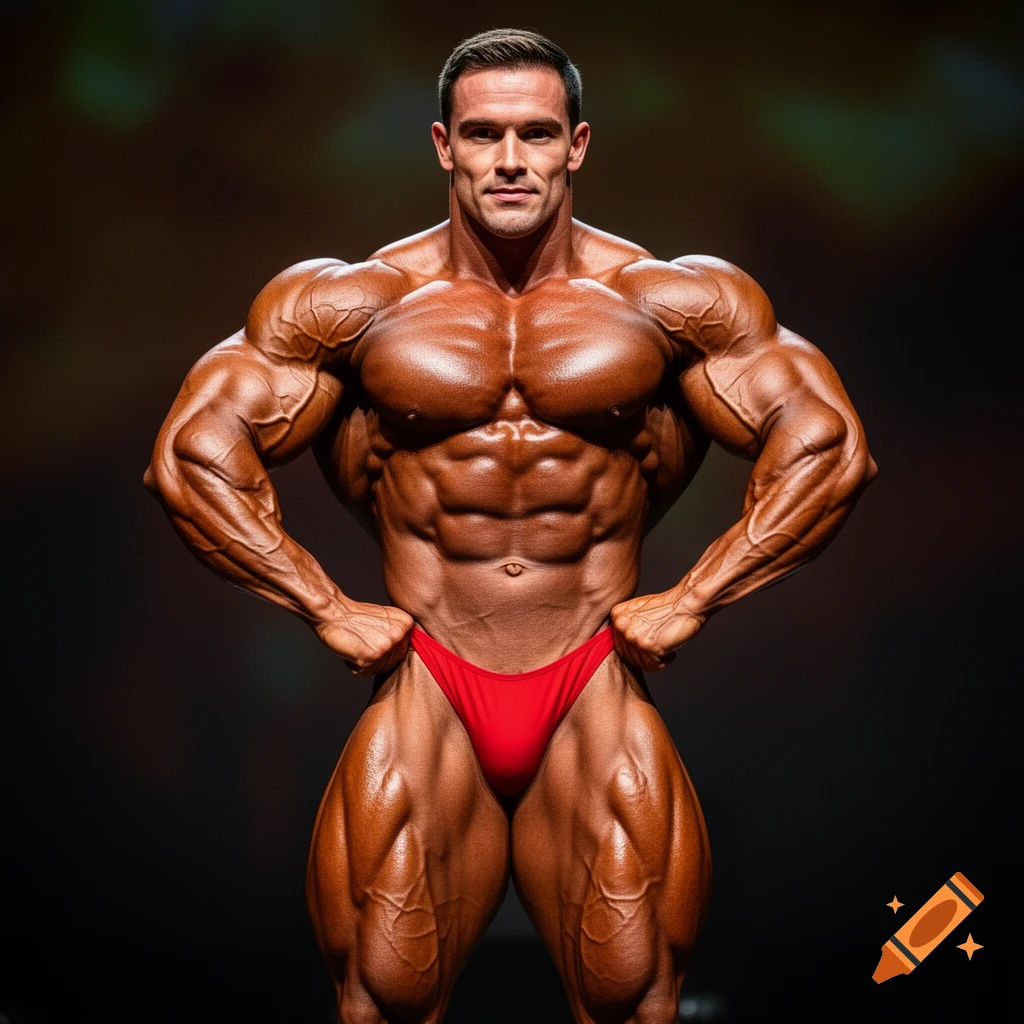 A muscular male bodybuilder in a red posing brief stands on stage, flexing his physique under spotlights.