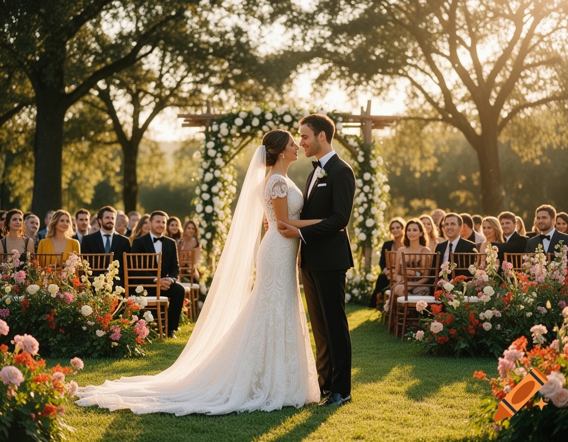 Photorealistic image of a bride and groom embracing at an outdoor wedding ceremony, surrounded by flowers and guests under warm sunset light.