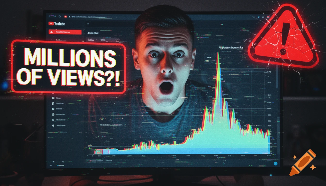A man with a shocked expression looks at a computer screen displaying a YouTube analytics graph with a huge spike and the text "MILLIONS OF VIEWS?!". There are glitch effects and a red warning sign.