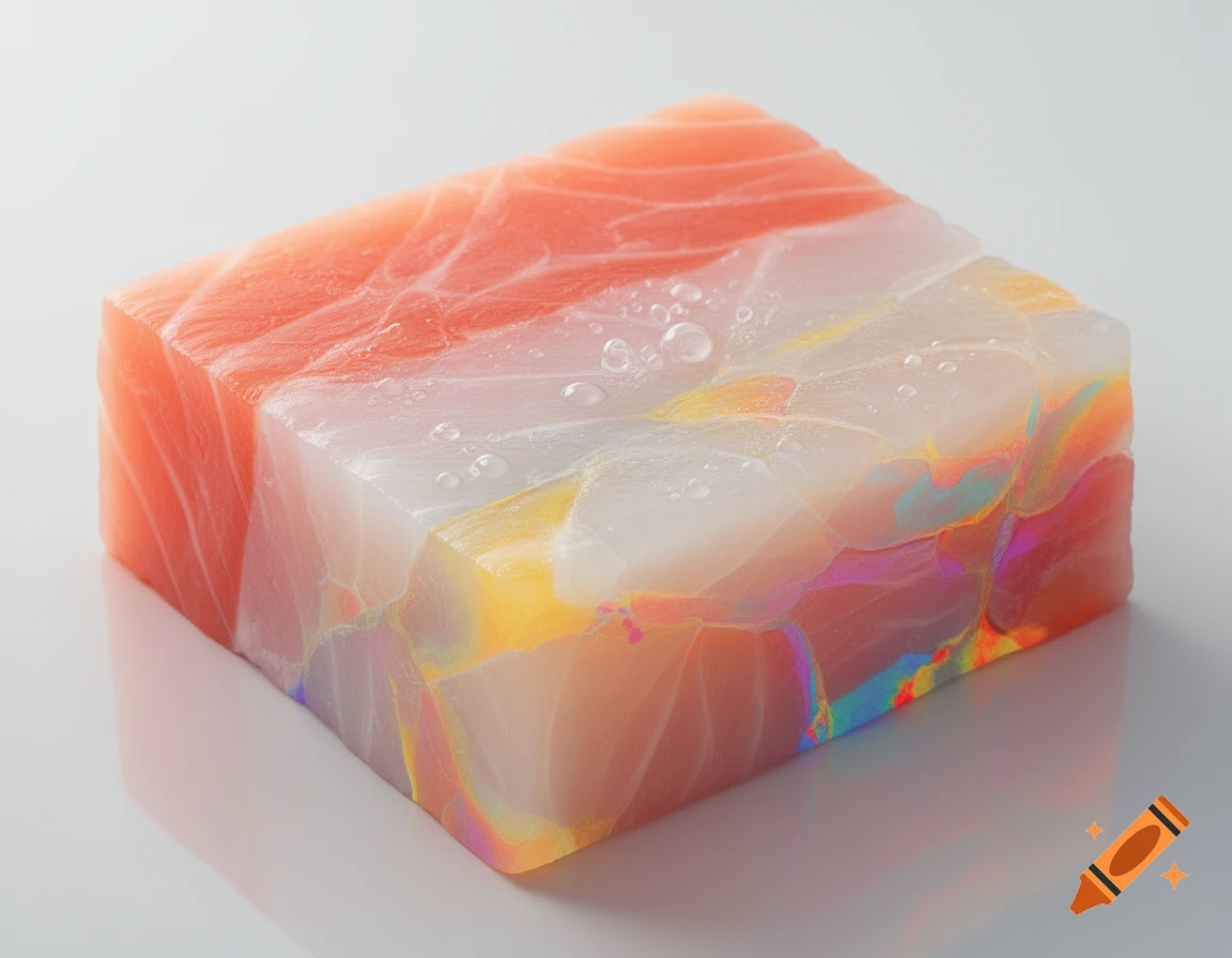 A rectangular block of pink salmon and translucent, iridescent, multi-colored surimi with water droplets on a white surface.