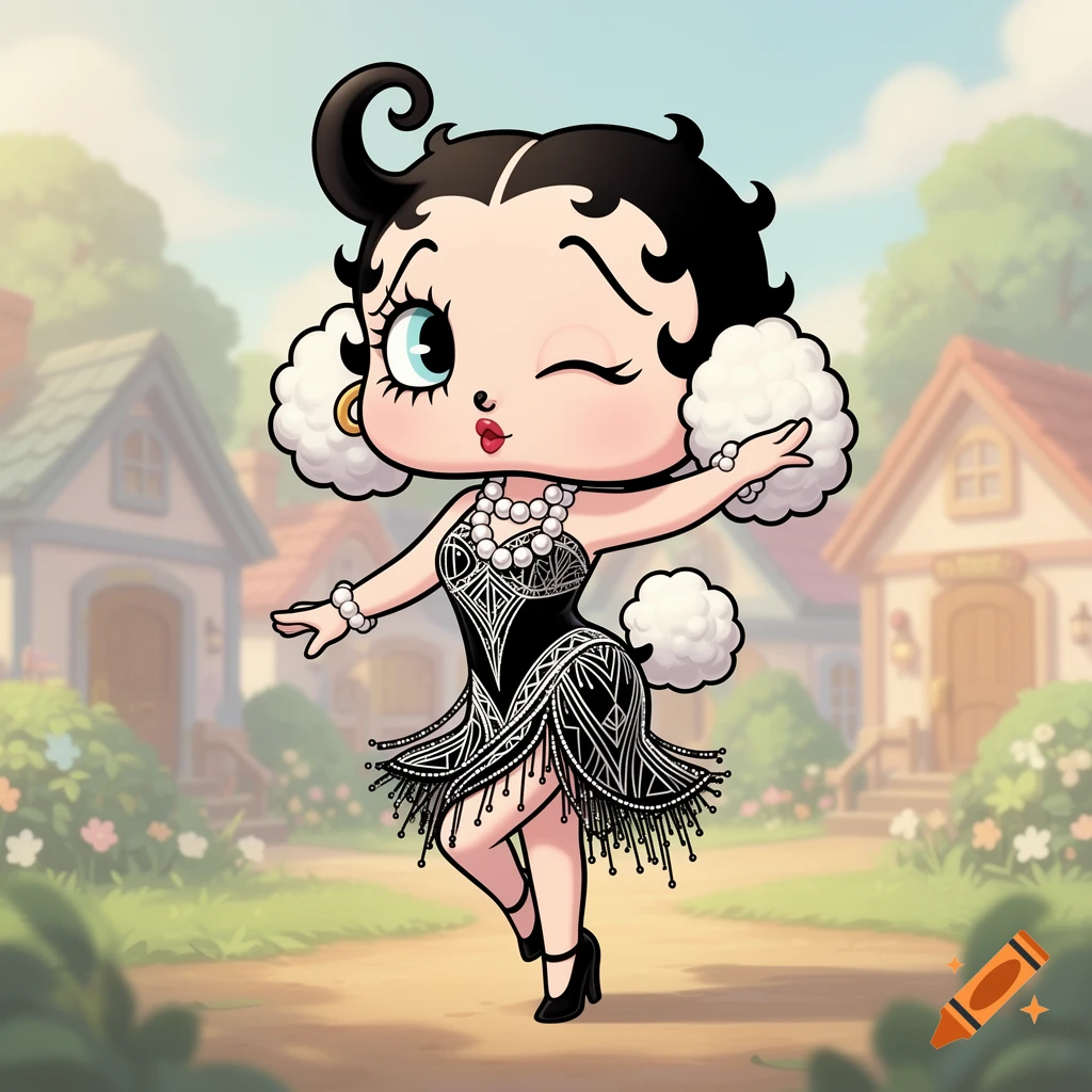 Chibi cartoon character inspired by Betty Boop, winking and posing in a black flapper dress with white pearl accessories, against a village background.