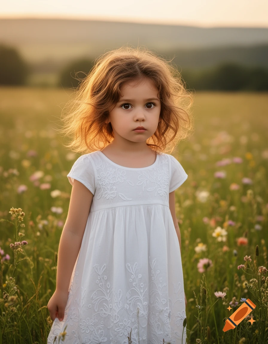 A young child with brown curly hair and large eyes wears a white embroidered dress, standing in a field of wildflowers at sunset.