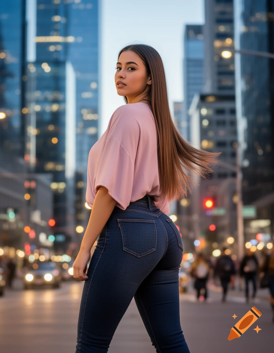Photorealistic image of a young woman in jeans and a pink top walking away on a city street at dusk, looking over her shoulder.