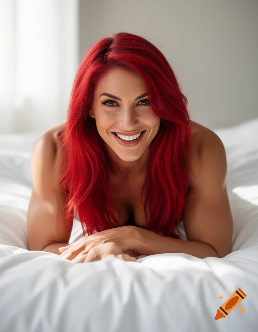 Smiling woman with bright red hair on a white bed, looking at the viewer.