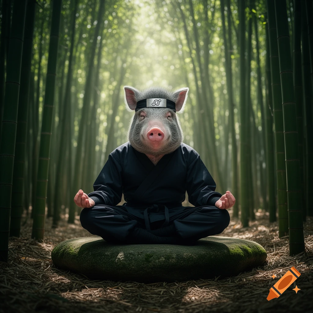 A pig wearing a ninja headband and uniform meditates on a stone in a bamboo forest.