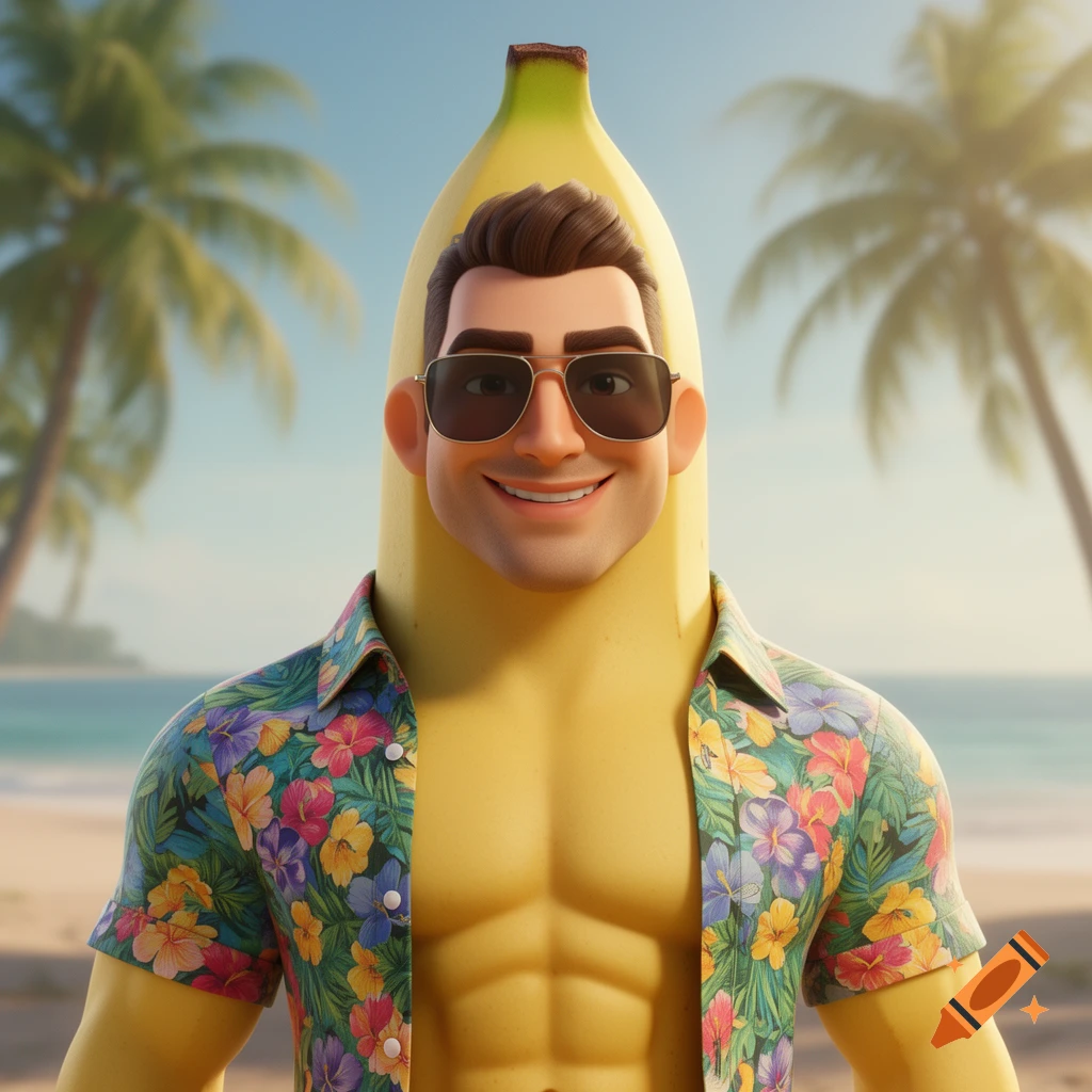 A smiling, buff anthropomorphic banana man in sunglasses and a Hawaiian shirt on a tropical beach, 3D animation style.