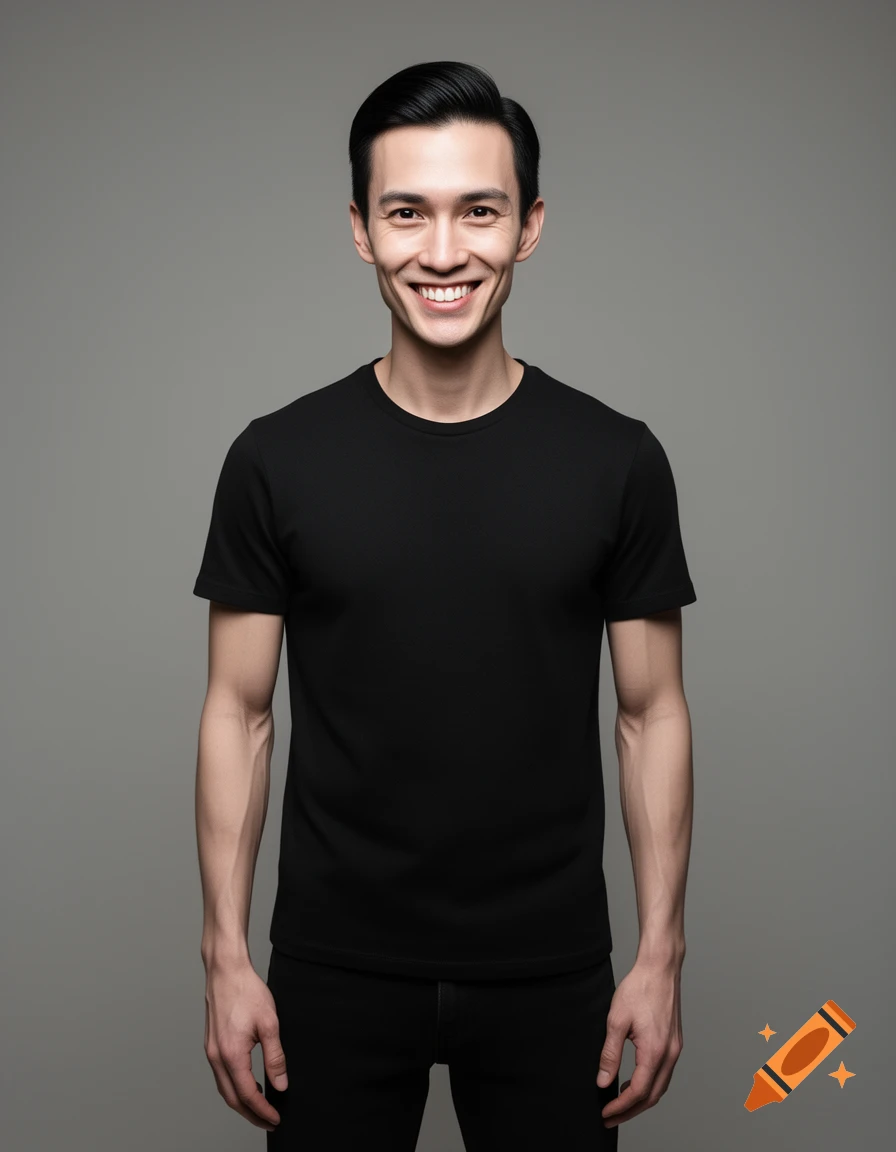 A smiling man with short black hair wearing a black t-shirt and black pants, standing against a plain grey background.