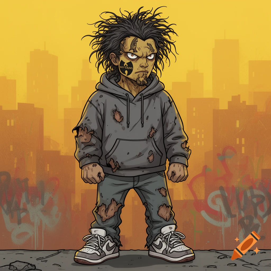 A stylized cartoon character, resembling a zombie-like Bart Simpson with a "WU-TANG" face tattoo, stands in a grungy city street against a yellow skyline.