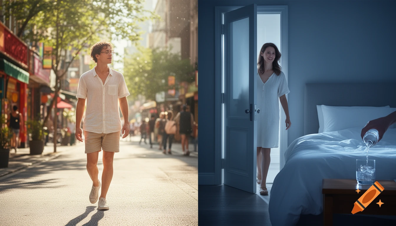 Split-screen photo showing a man on a sunny street contrasted with a woman entering a cool bedroom where water is poured.