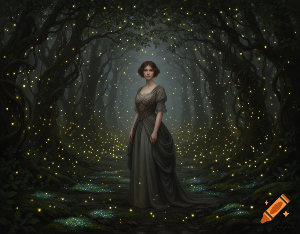 An oil painting depicts a woman in a long grey dress standing in a dark, magical forest filled with glowing yellow fireflies.