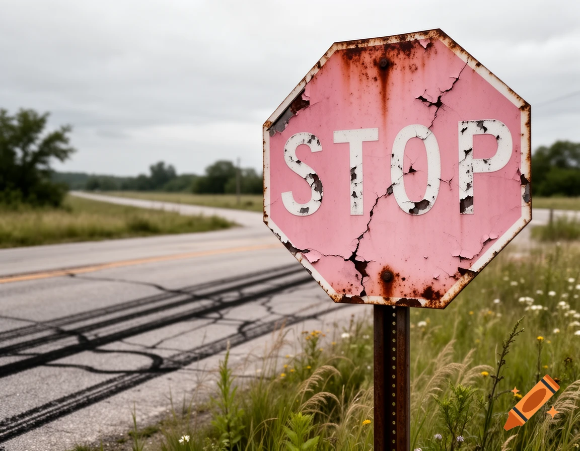 A weathered and rusty pink stop sign stands by a rural road, surrounded by tall grass under a cloudy sky.