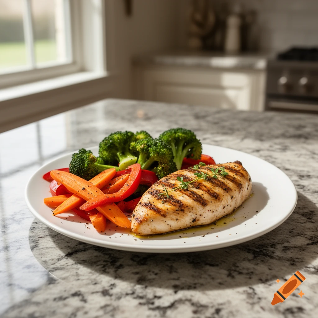 Grilled chicken breast with broccoli, carrots, and red peppers on a white plate, on a granite countertop in a kitchen.