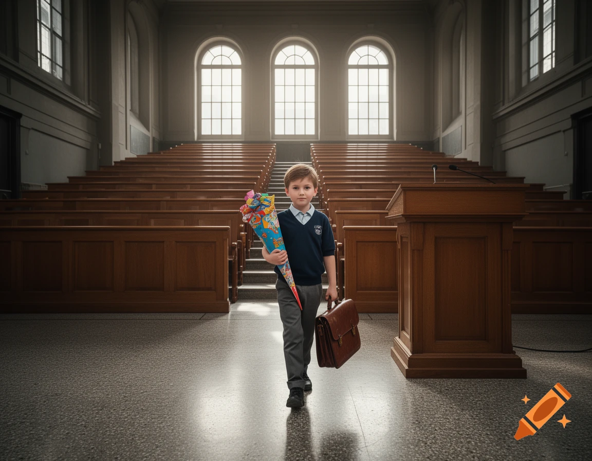 A young boy, dressed in a school uniform, walks through a grand, empty lecture hall, holding a colorful school cone and a briefcase.
