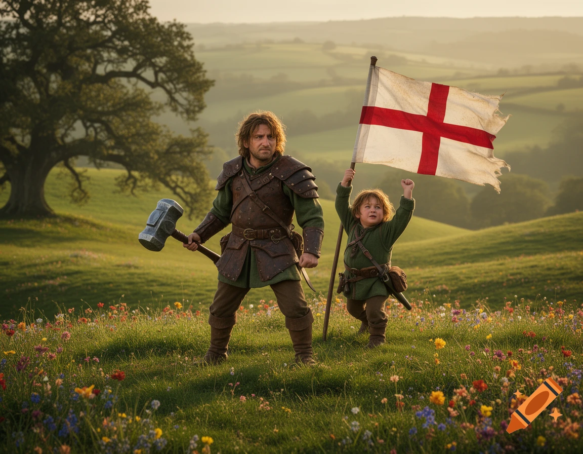A fantasy warrior in leather armor with a warhammer stands beside a child raising a tattered St. George flag on a grassy hill at sunset.