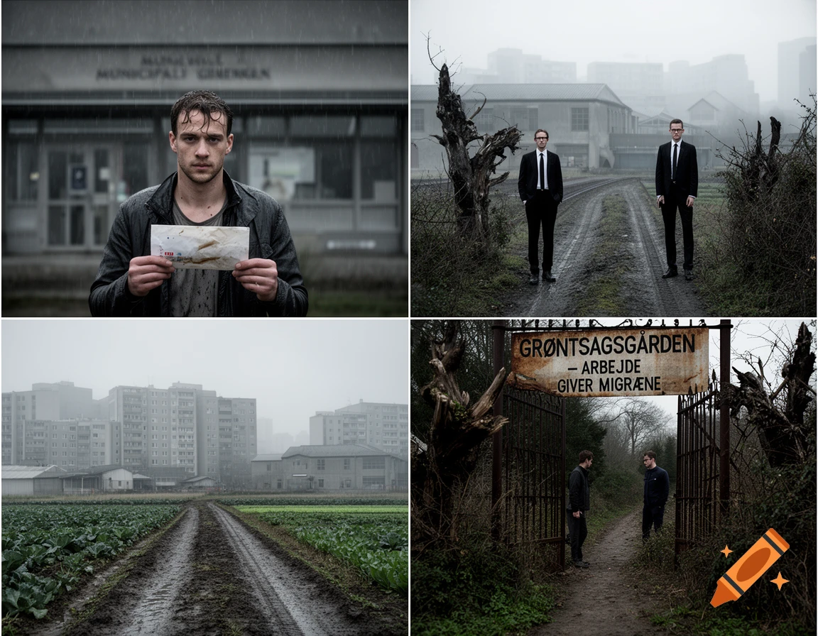 Four panels depict a man in the rain holding a letter, two men in suits on a muddy path, a desolate field with buildings, and two men by a gate with a sign in a grim, overcast setting.