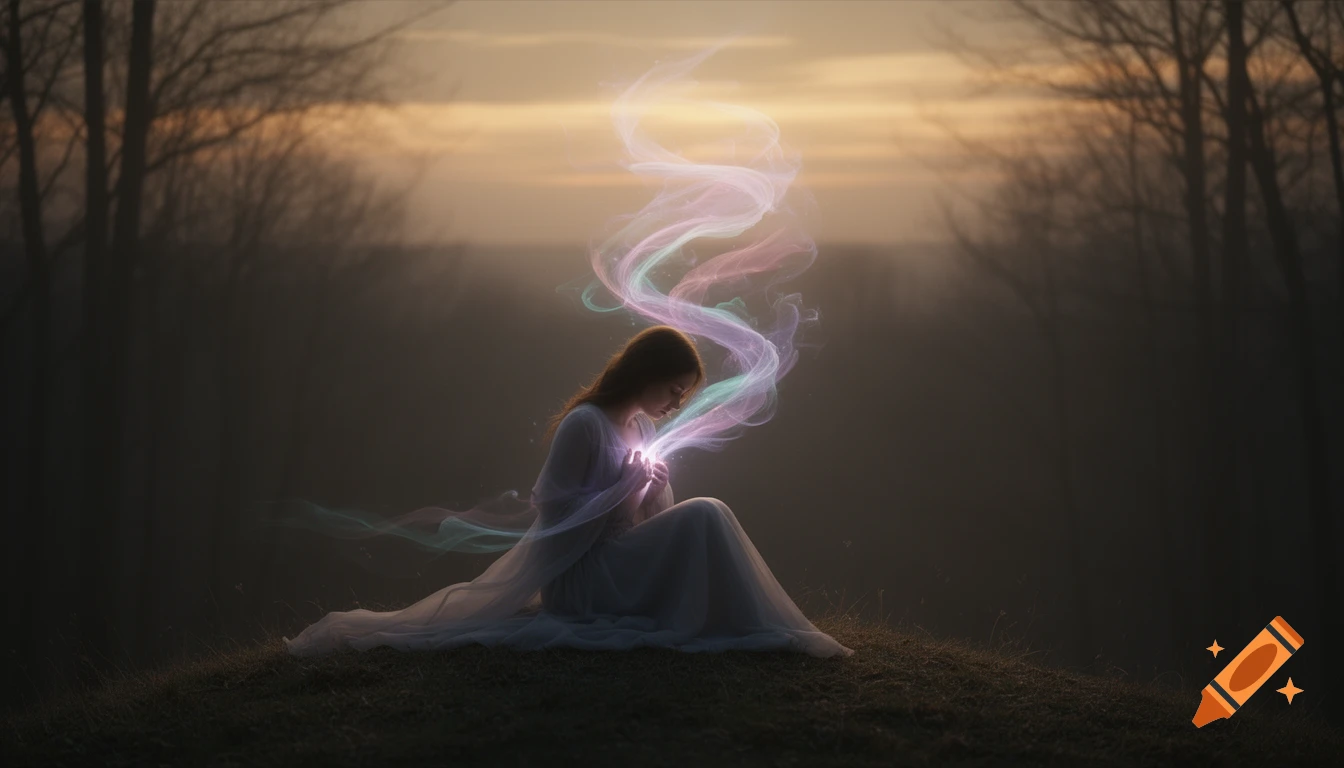 A woman in a white dress sits on a hill in a misty forest at sunset, holding glowing, ethereal pastel energy that swirls above her.