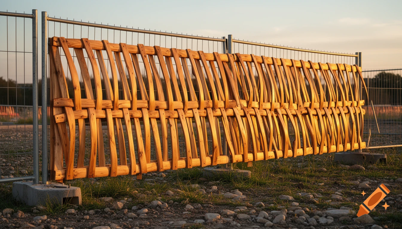 A woven wooden fence panel attached to a metal construction fence, illuminated by golden hour light over gravel and grass.