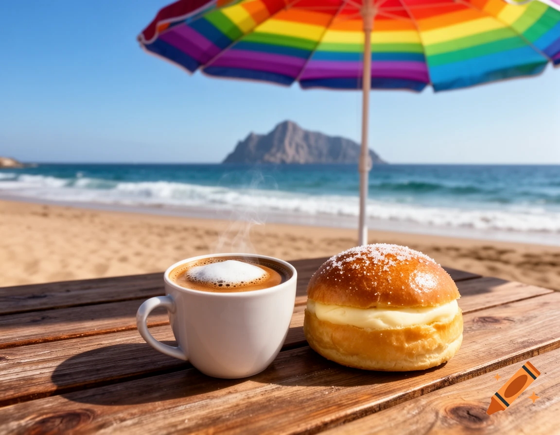 A steaming cup of coffee and a cream bun on a wooden table at a sunny beach under a rainbow umbrella, with an island in the background.