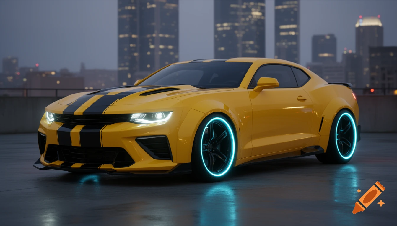 A photorealistic yellow muscle car with black racing stripes and glowing neon blue wheel rims on a rooftop with a city skyline at dusk.